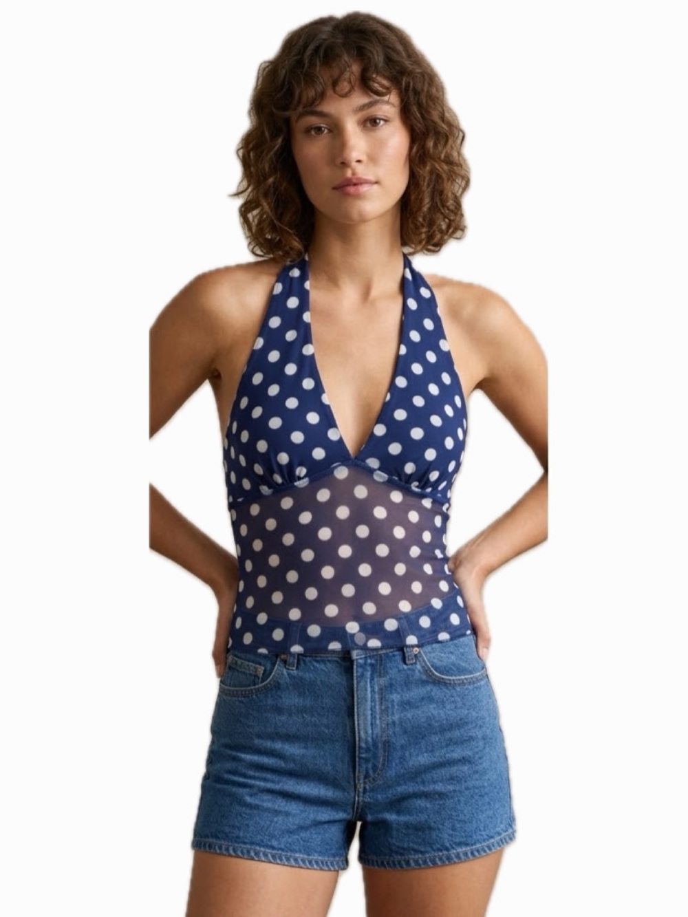 SEE YOU MONDAY WOMEN XL NAVY/WHITE HALTER TOP SHEER CROP TOP TANK NWT